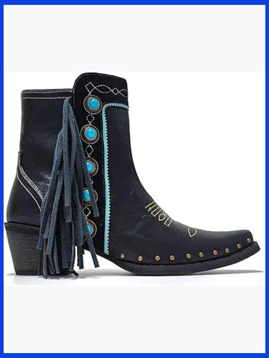 Shoes - Fringe Studded Cowboy Ankle Booties with Turquoise Stones